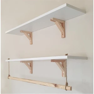 Beyaz Ahşap Dekoratif Duvar Rafı 2'li Halatlı Askılı Tasarım 20 Cm Derinlik