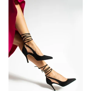 La Limar Siyah Süet Bilekten Bağlamalı Stiletto Kadın Topuklu Ayakkabı