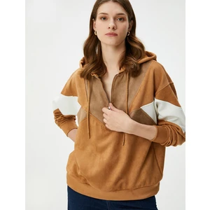 Kapşonlu Sweatshirt Yarım Fermuarlı Süet Dokulu Renk Bloklu