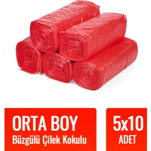 Büzgülü Orta Boy Çilek Kokulu Çöp Torbası 10'lu 5 Rulo 55 x 60 Çöp Poşeti