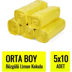 Büzgülü Orta Boy Limon Kokulu Çöp Torbası 10'lu 5 Rulo 55 x 60 cm Çöp Poşeti