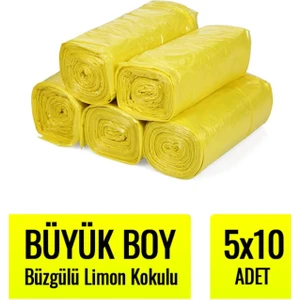 Büzgülü Büyük Boy Limon Kokulu Çöp Torbası 10'lu 5 Rulo 65 x 70 cm Çöp Poşeti