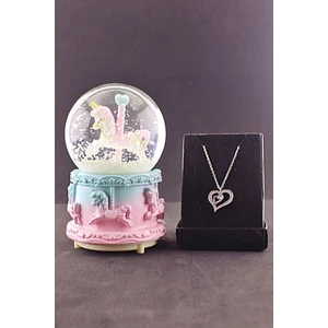 Home Dekor Hediye Unicorn Orta Boy Kar Küresi Işıklı Müzikli 12CM ve Zirkon Taş Kolye Set Sevgiliye Hediye