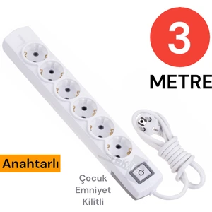 Grup Priz Topraklı 6 Lı 3 Metre Anahtarlı Çocuk Korumalı Çoklu Priz Seyyar Ara Kablo Uzatma Kablosu