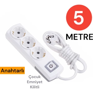 Grup Priz Topraklı 3 Lü 5 Metre Anahtarlı Çocuk Korumalı Çoklu Priz Seyyar Ara Kablo Uzatma Kablosu