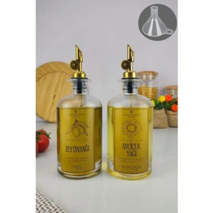2'li Zeytinyağı ve Sıvıyağ Şişesi Otomatik Kapaklı Gold Etiketli Yağdanlık 500 ml