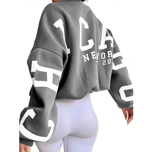 Kadın Füme Kolları Chicago Baskılı Oversize Bisiklet Yaka Sweatshirt