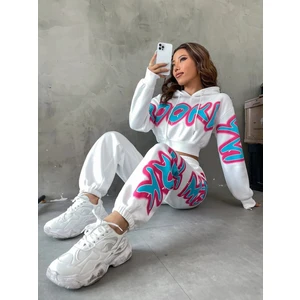 Kadın Beyaz Brooklyn Baskılı Oversize Alt Üst Crop Eşofman Takımı