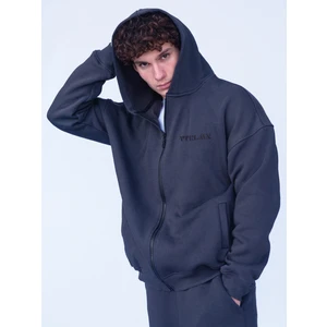 Antrasit Şardonlu Oversize Kapşonlu Fermuarlı Sweatshirt