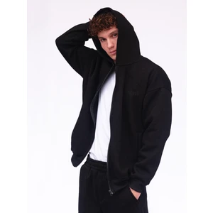 Siyah Şardonlu Oversize Kapşonlu Fermuarlı Sweatshirt