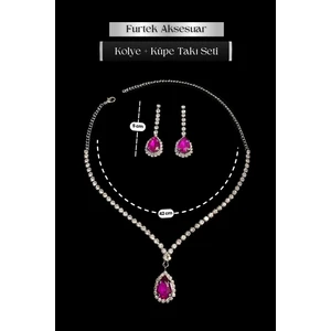 Furtek Aksesuar Kadın Fuşya Kristal Zirkon Taşlı Kolye + Küpe Gerdanlık Su Yolu Gümüş Kaplama Takı Seti