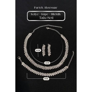 Furtek Aksesuar Kadın Attraverso Çapraz 3'lü Kolye + Küpe + Bileklik Kristal Zirkon Taşlı Gümüş Kaplama Takı Seti