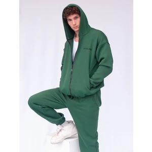 Koyu Yeşil Şardonlu Oversize Kapşonlu Fermuarlı Sweatshirt
