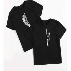 Kadın Erkek Dişi ve Erkek Aslan Çiftler Sevgili Çift Kombini Tasarım Oversize T-Shirt 2'li Takım