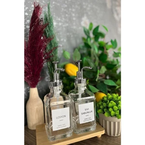 2’li Cam Sıvı Sabun ve Losyon Etiketli Gümüş Tıpalı Deterjan Şişesi Sabunluk 500 ml - 2112020-S C1-1-289