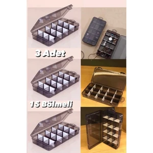 Füme 3 Adet 15 Bölmeli Kolye Yüzük Kapaklı Takı Kutusu Dikiş Kutusu Organizer Düzenleyici Kutu