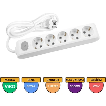 Viko 3 Metre Kablolu Anahtarlı ve Topraklı 5'li