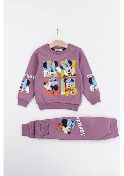 Kız Çocuk Minnie Mouse Baskılı 3 Iplik Şardonlu Kışlık Sweat ve Eşofman Alt Üst Takım
