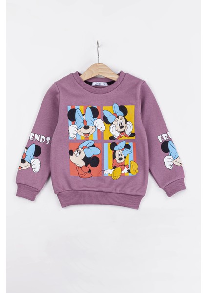 Kız Çocuk Minnie Mouse Baskılı 3 Iplik Şardonlu Kışlık Sweat ve Eşofman Alt Üst Takım