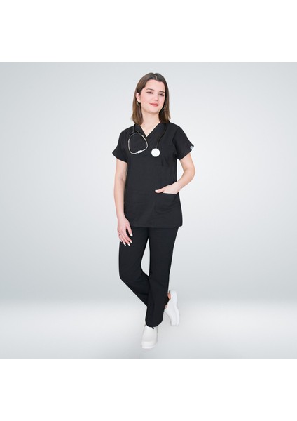 Siyah Likralı Uniseks Alt Üst Scrubs Cerrahi Üniforma Doktor Hemşire Takımı