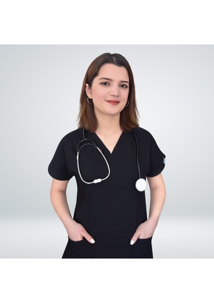 Siyah Likralı Uniseks Alt Üst Scrubs Cerrahi Üniforma Doktor Hemşire Takımı