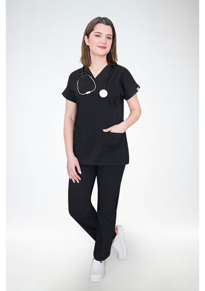 Siyah Likralı Uniseks Alt Üst Scrubs Cerrahi Üniforma Doktor Hemşire Takımı indirimleri