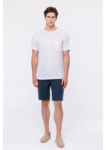 Erkek Beyaz Bisiklet Yaka Keten T-Shirt