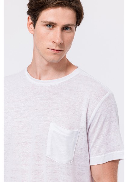 Erkek Beyaz Bisiklet Yaka Keten T-Shirt modelleri