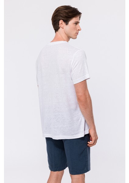 Erkek Beyaz Bisiklet Yaka Keten T-Shirt fırsatları