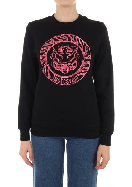 Bisiklet Yaka Baskılı Siyah Kadın Sweatshırt 75PAIF01
