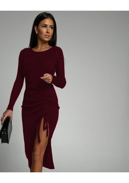 Kadın Uzun Kollu Yandan Büzgülü Yırtmaç Detay Kaşkorse Midi Boy Elbise