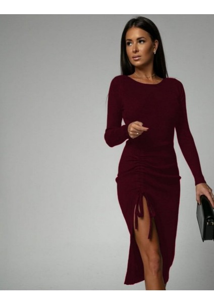 Kadın Uzun Kollu Yandan Büzgülü Yırtmaç Detay Kaşkorse Midi Boy Elbise fiyatları