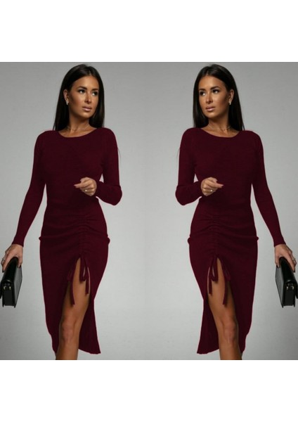 Kadın Uzun Kollu Yandan Büzgülü Yırtmaç Detay Kaşkorse Midi Boy Elbise modelleri