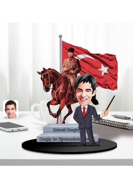 Kişiye Özel Atatürk ve Erkek Öğretmen Temalı 2 Katmanlı Karikatürlü Ahşap Biblo- 4, Öğretmene Hediye, Öğretmenler Günü, 100. Yıl Hediyesi