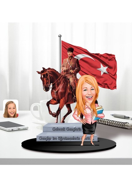 Kişiye Özel Atatürk ve Erkek Öğretmen Temalı 2 Katmanlı Karikatürlü Ahşap Biblo- 4, Öğretmene Hediye, Öğretmenler Günü, 100. Yıl Hediyesi fiyatları