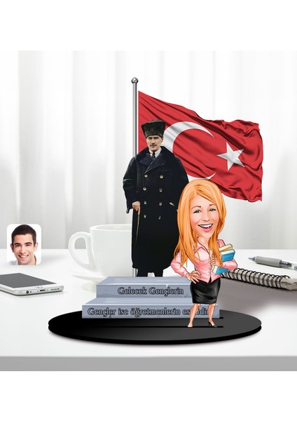 Kişiye Özel Atatürk ve Kadın Öğretmen Temalı 2 Katmanlı Karikatürlü Ahşap Biblo- 4-2, Öğretmene Hediye, Öğretmenler Günü, 100. Yıl Hediyesi