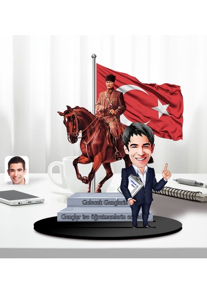 Kişiye Özel Atatürk ve Erkek Öğretmen Temalı 2 Katmanlı Karikatürlü Ahşap Biblo- 5, Öğretmene Hediye, Öğretmenler Günü, 100. Yıl Hediyesi
