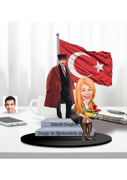 Kişiye Özel Atatürk ve Kadın Öğretmen Temalı 2 Katmanlı Karikatürlü Ahşap Biblo- 5-3, Öğretmene Hediye, Öğretmenler Günü, 100. Yıl Hediyesi