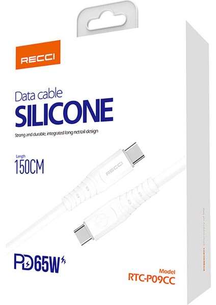 Type-C Pd Kablo Recci RTC-P09CC Silicone Serisi 65W Hızlı Şarj Özellikli Type-C To Type-C 1.5m Beyaz