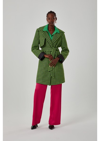 Tüvit Desenli Uzun Yeşil Ceket