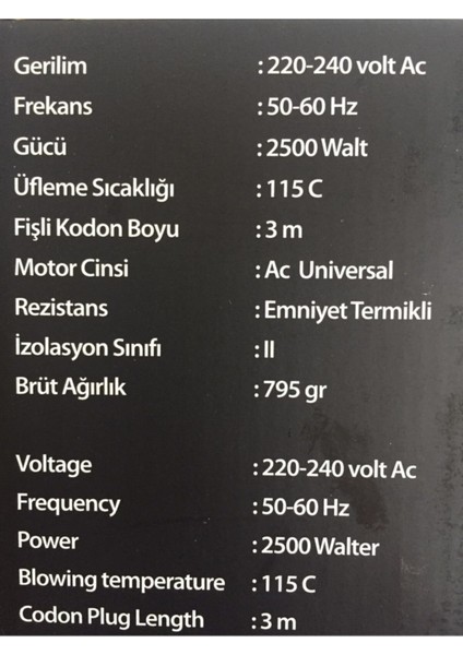 Fön Makinesi Vega Air 3500 Gerçek 2500 Watt Profesyonel