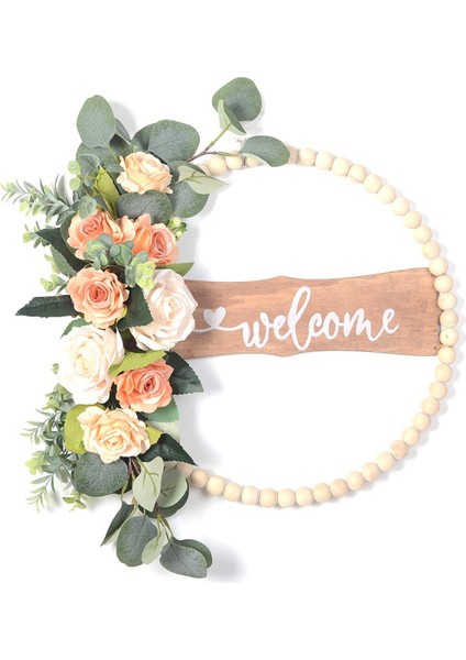 Ön Kapı Için Hoş Geldiniz Tabelası, Ahşap Boncuklar ve Okaliptüs Çelengi, Iç Mekan Dış Mekan Her Mevsim Çiçek Çelengi (Yurt Dışından)