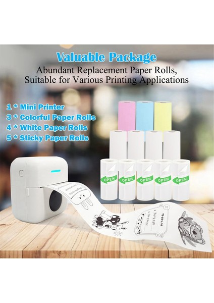 Mini Taşınabilir Yazıcı, 12 Rulo Kağıtlı Mürekkepsiz Etiket Yazıcısı, Notlar/fotoğraflar/çıkartmalar Için Mini Termal Yazıcı, Beyaz (Yurt Dışından)