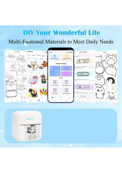 Mini Taşınabilir Yazıcı, 12 Rulo Kağıtlı Mürekkepsiz Etiket Yazıcısı, Notlar/fotoğraflar/çıkartmalar Için Mini Termal Yazıcı, Beyaz (Yurt Dışından)