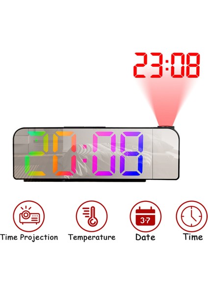 180° Dönüşlü Projeksiyon Çalar Saat 12/24H LED Dijital Saat USB Şarjlı Tavan Projektörü Çalar Saat (Çok Renkli F) (Yurt Dışından)