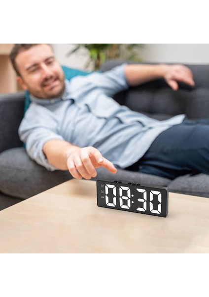 Ayna Yüzeyi LED Dijital Çalar Saat, Hd Dijital Masa Çalar Saati, Ses Kontrolü ve Sıcaklık Algılama, Ev Siyahı Için (Yurt Dışından)