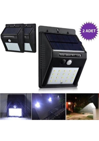 2 Adet Güneş Enerjili Solar Lamba 20 Li Sensörlü Duvar Tipi Su Geçirmez Sokak Bahçe Lambası