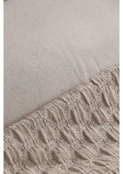Trona Beige Çift Kişilik %100 Pamuk Nevresim Takımlı Battaniye ve Yatak Örtüsü Seti