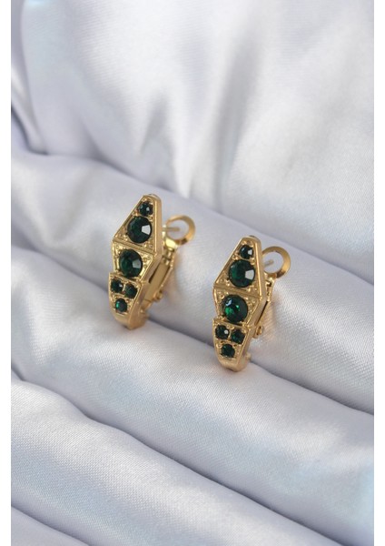 316L Çelik Gold Renk Yeşil Kristal Taş Detay Yılan Model Kadın Küpe SL6545
