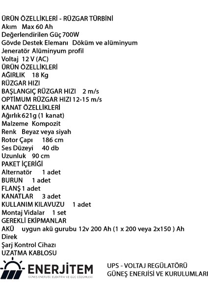 E-700 48V Rüzgar Türbini Enerjitem